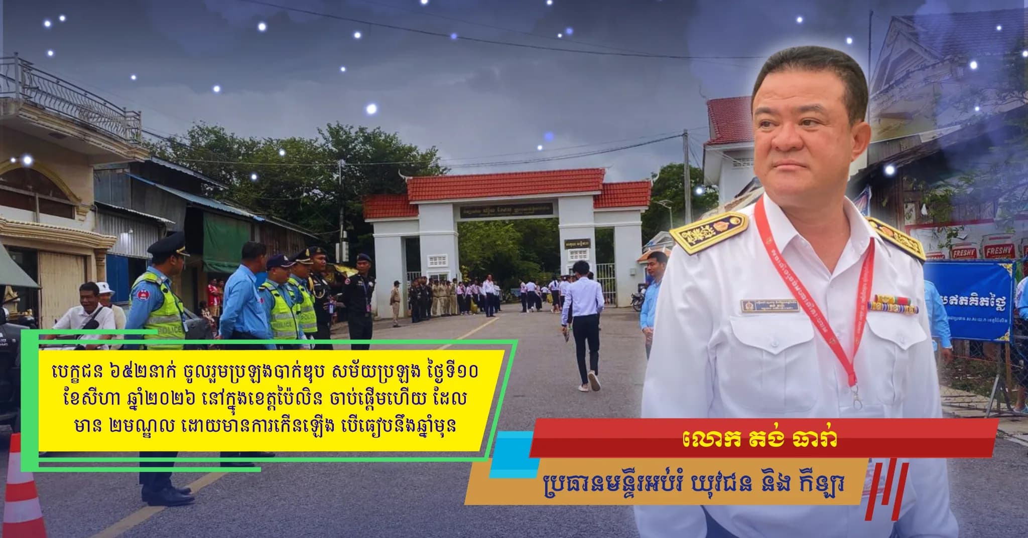បេក្ខជន ៦៥២នាក់ ចូលរួមប្រឡងបាក់ឌុប សម័យប្រឡង ថ្ងៃទី១០ ខែសីហា ឆ្នាំ២០២៦ នៅក្នុងខេត្តប៉ៃលិនចាប់ផ្តើមហើយ  ដែលមាន ២មណ្ឌល ដោយមានការកើនឡើង បើធៀបនឹងឆ្នាំមុន